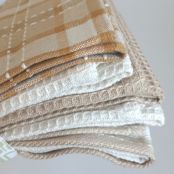 NWT Set Of 5 Woven Kitchen Towels 16" x 26" Khaki Natural Neutral Themed Colors - Picture 2 of 6
